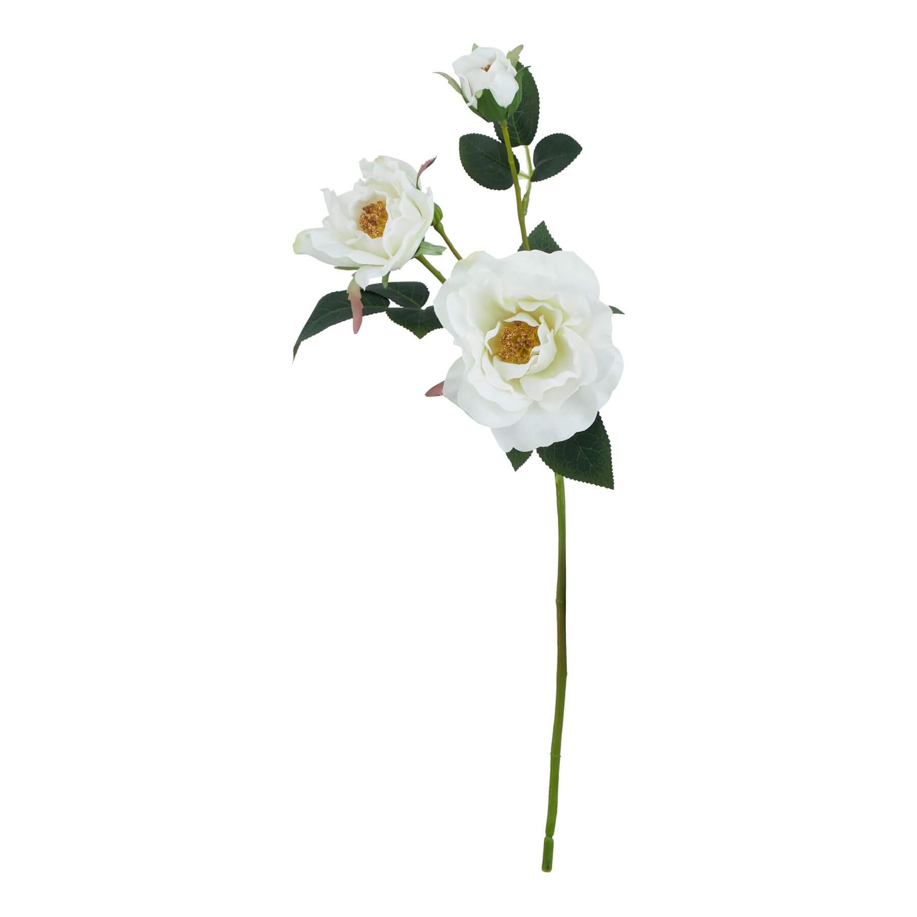 White tea rose artificial stem with creamy petals and green foliage, hyper-realistic plastic floral decor for home arrangements by Sostter at brixbailey.com