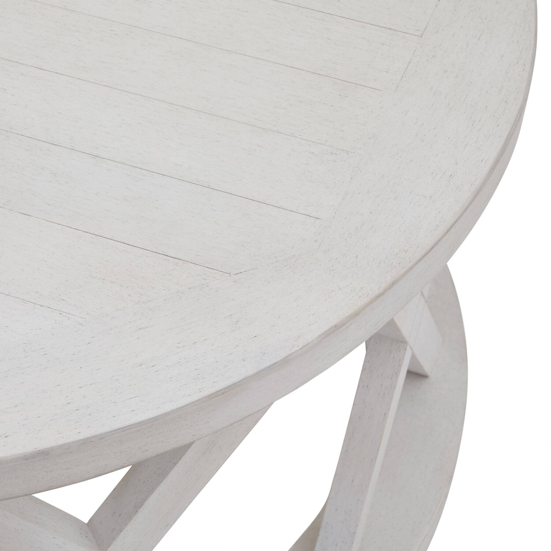 Distressed white round pine coffee table with lattice pattern, rustic modern design, 100cm diameter by RoomLondon at brixbailey.com