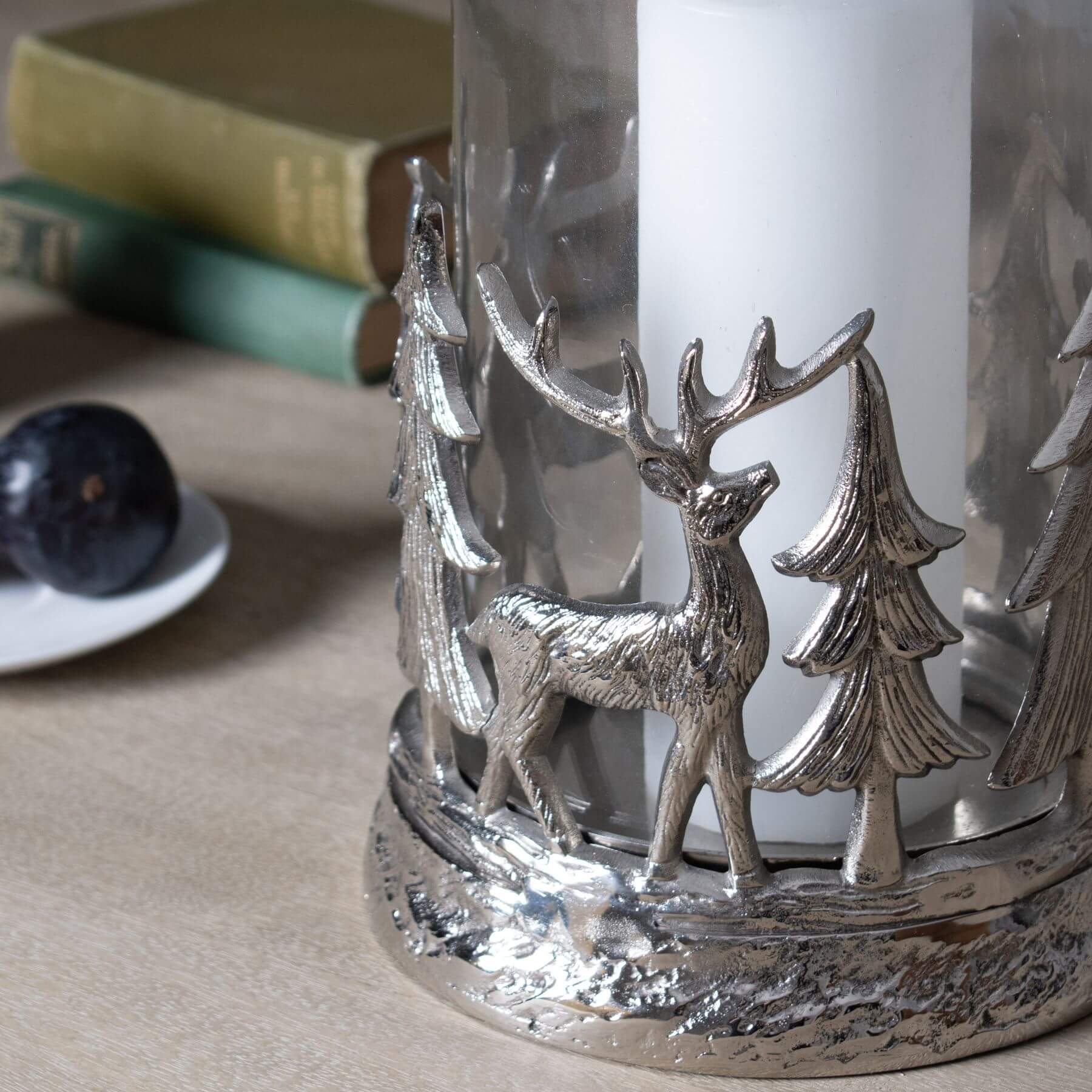 Silver stag hurricane lantern with frosted glass, intricate woodland metalwork in elegant silver finish by sostter at brixbailey.com