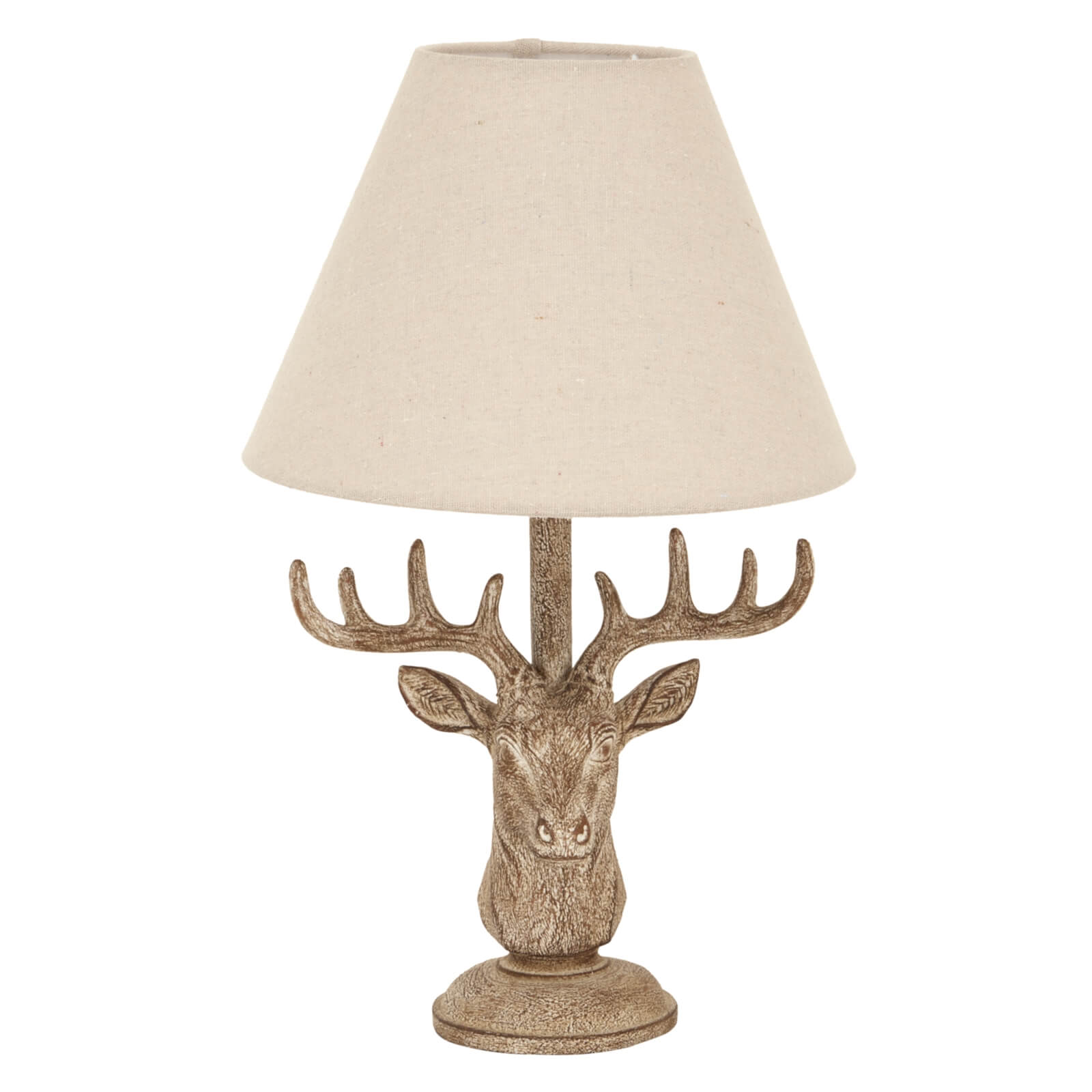Handcrafted stag head table lamp with stonewashed resin base and natural linen shade in rich brown. by Sostter at brixbailey.com