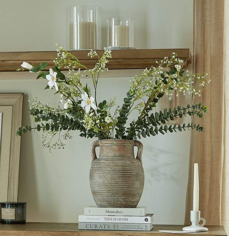 Hand-finished Siena Brown Amphora Pot with ribbed detailing, weathered ceramic texture, and classic handle for home decor. by Sostter at brixbailey.com