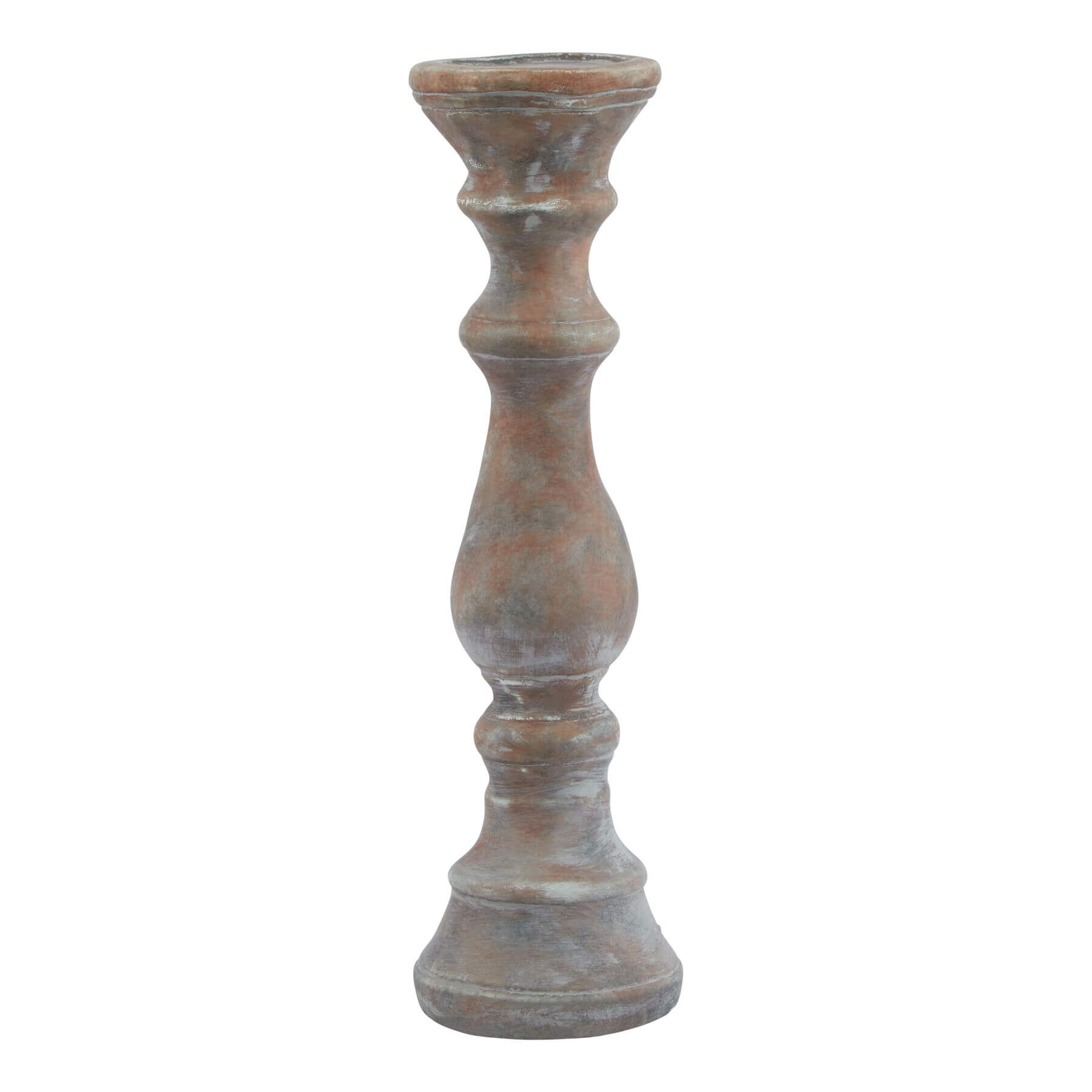 Sculpted brown ceramic column candle holder with clean lines, 40cm tall, ideal for modern or traditional interiors.by Sostter at brixbailey.com