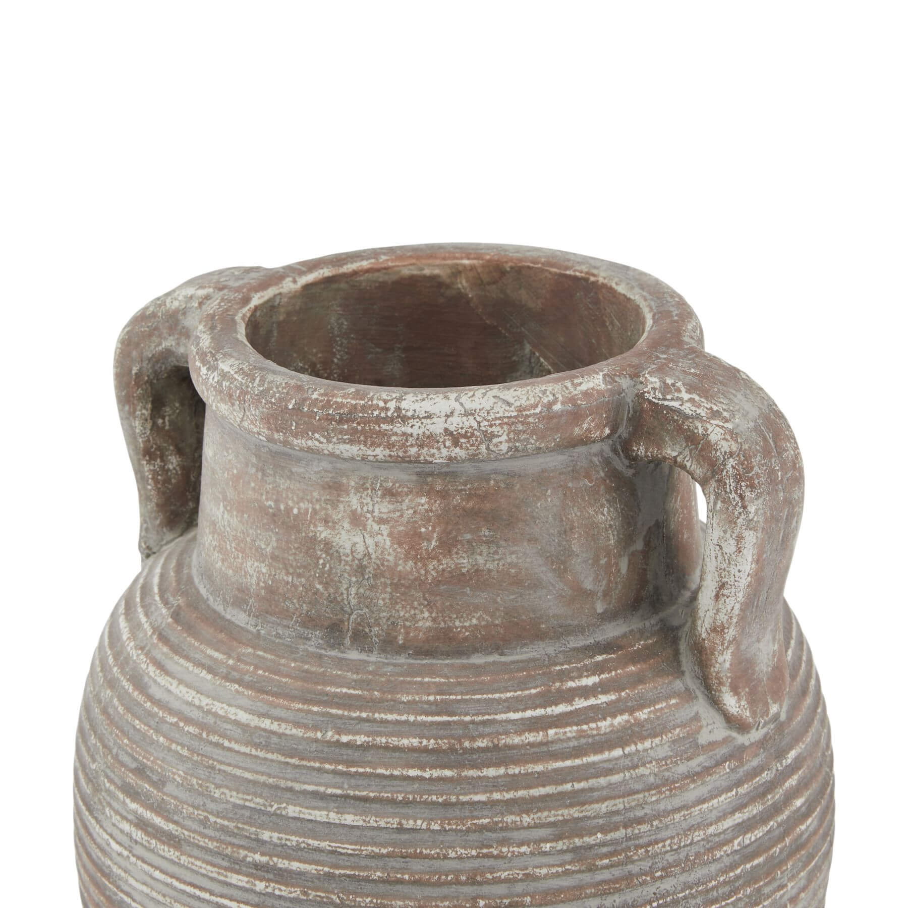 Hand-finished Siena brown ceramic amphora pot with ribbed detailing and weathered patina for rustic home decor. by Sostter at brixbailey.com