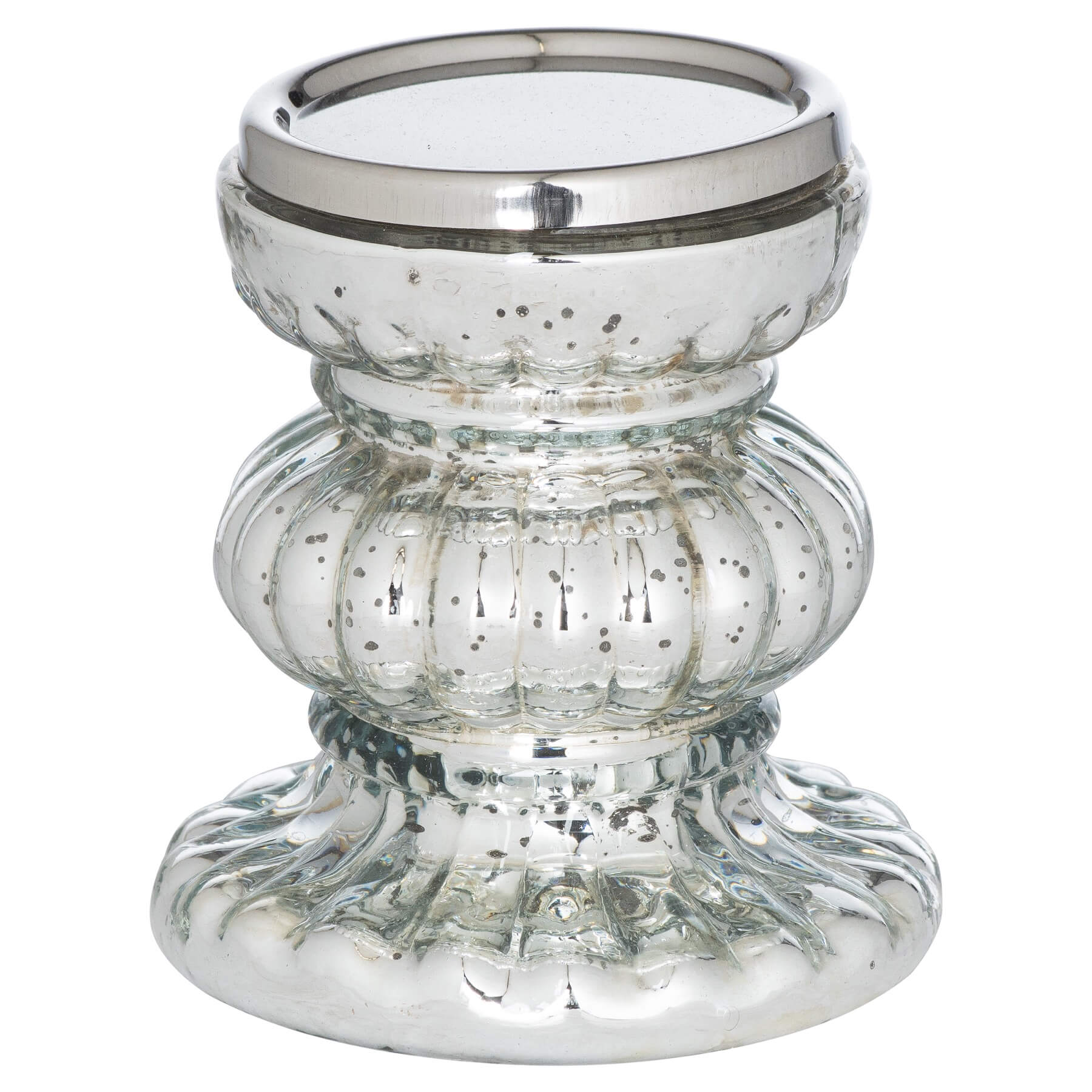 Antique silver mercury glass candle holder casting intricate light patterns, 21cm tall with hand-finished texture by RoomLondon at brixbailey.com