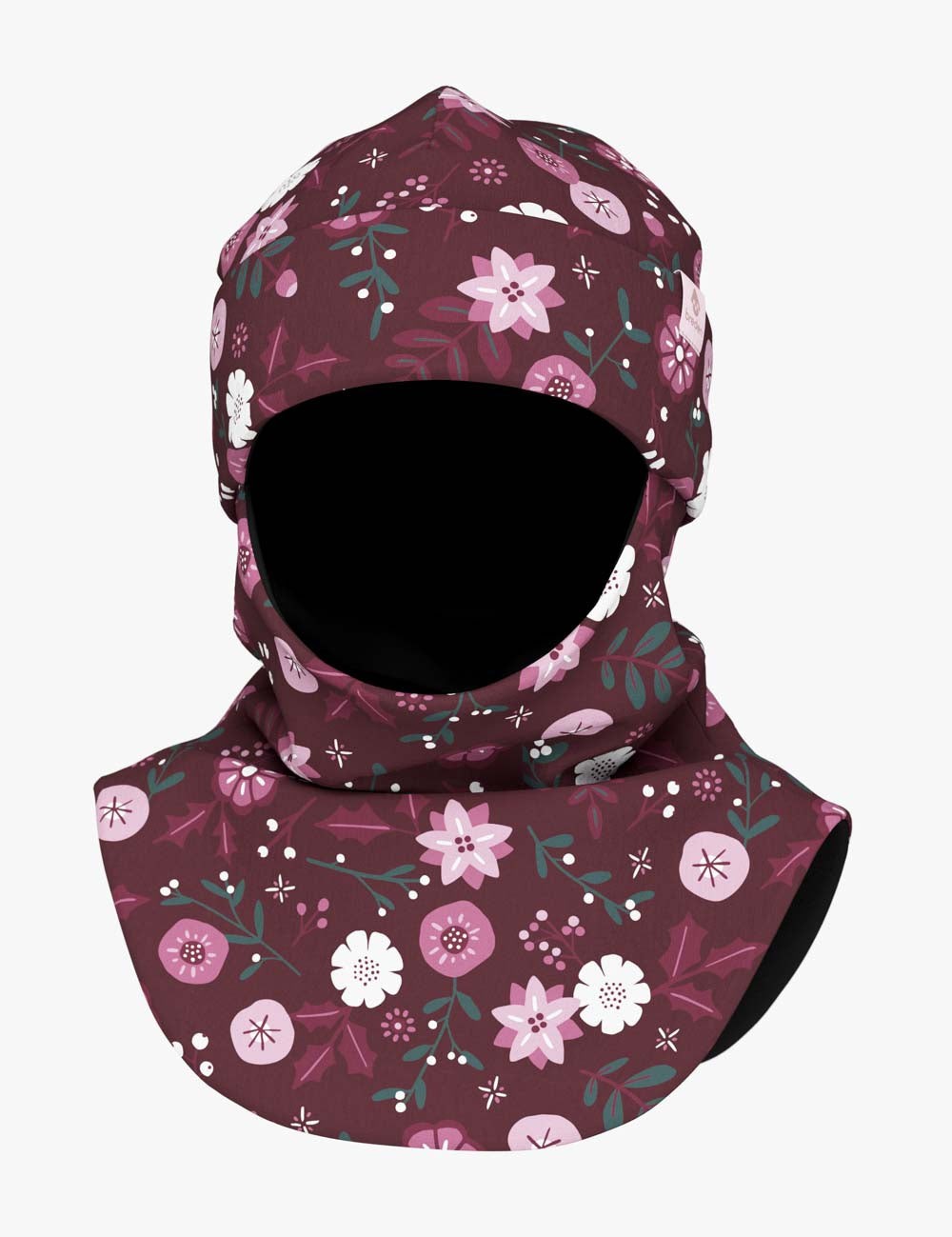 bold close-up of a kids floral fleece balaclava on a frosty morning