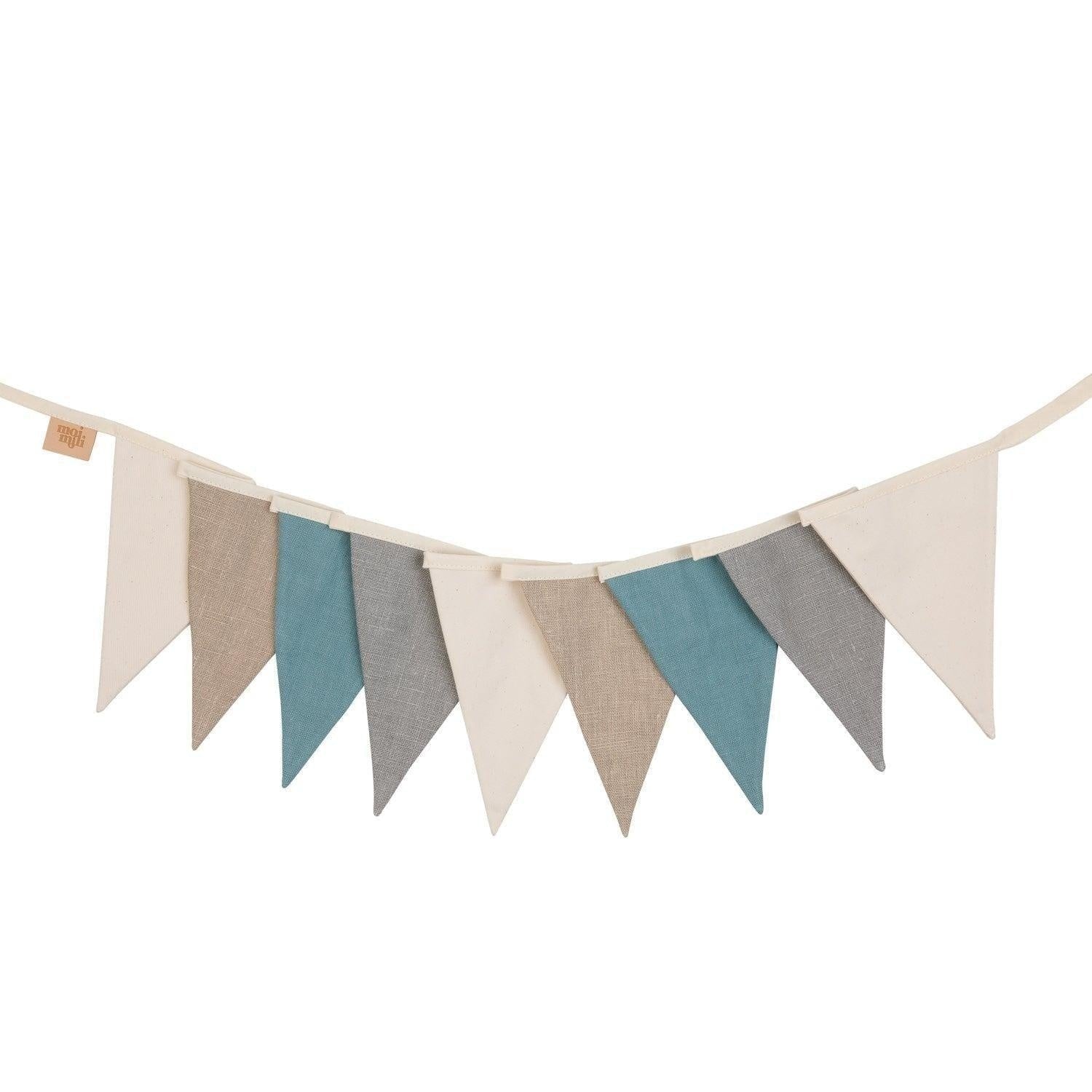 elegant linen garland with teal and grey pennants draped gracefully over a rustic wooden shelf