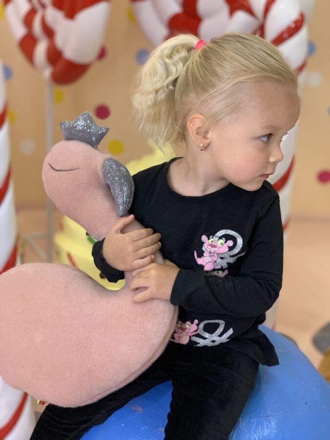 elegant handmade pink flamingo soft toy with a felt crown, side profile in soft light