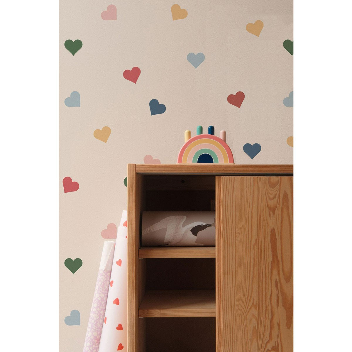 elegant close-up of artisan-made multicolor hearts wallpaper for a refined kids room decor