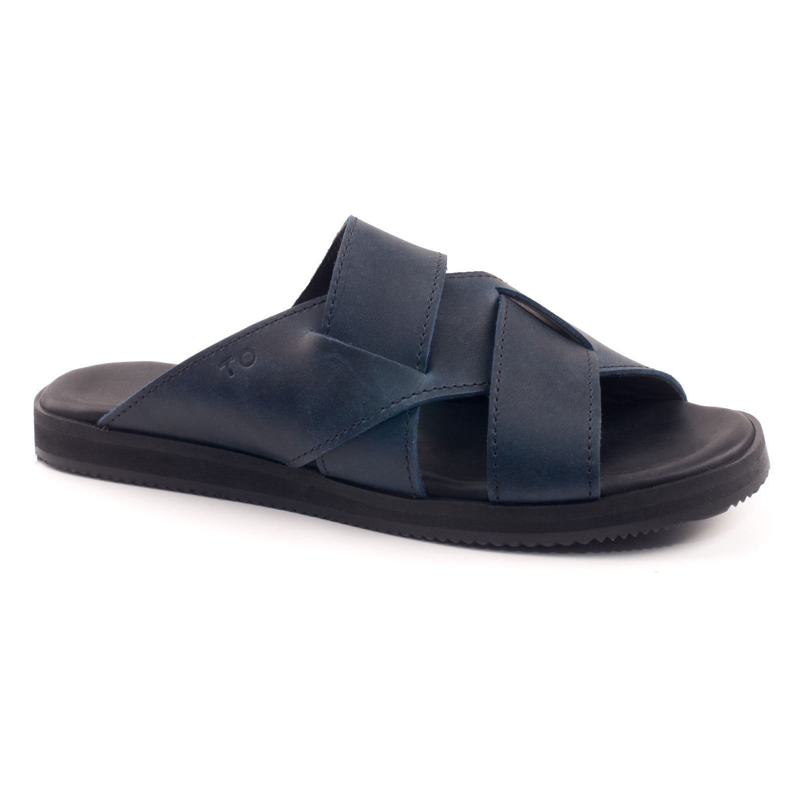 soft navy leather helsinki sandals for her, side view showing flexible elastic strap and comfortable ergonomic insole