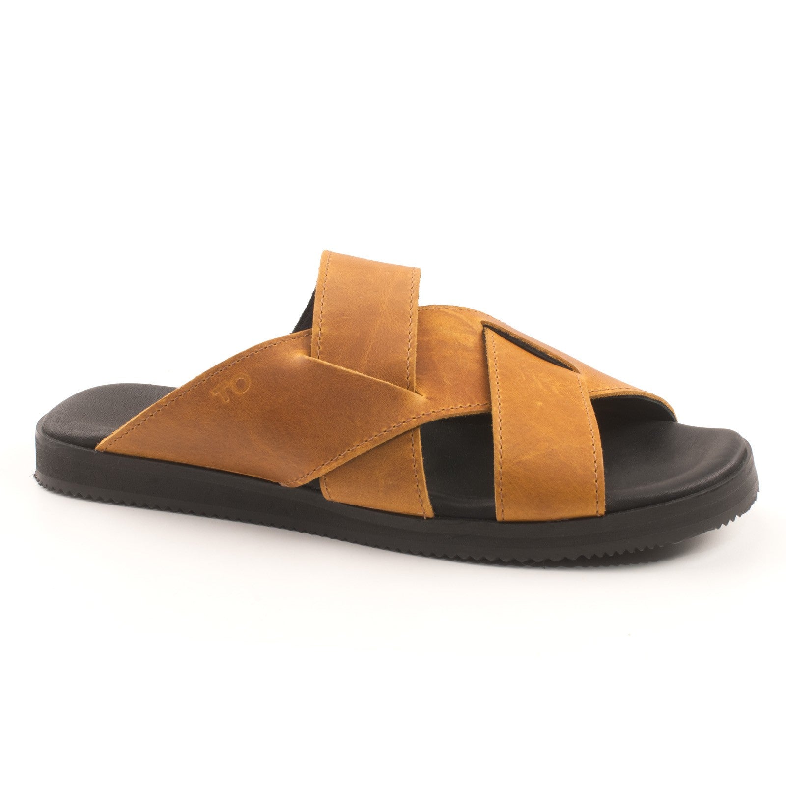 playful ocre helsinki sandals for her, side view showing elastic straps and lightweight eva sole on sunny wooden deck