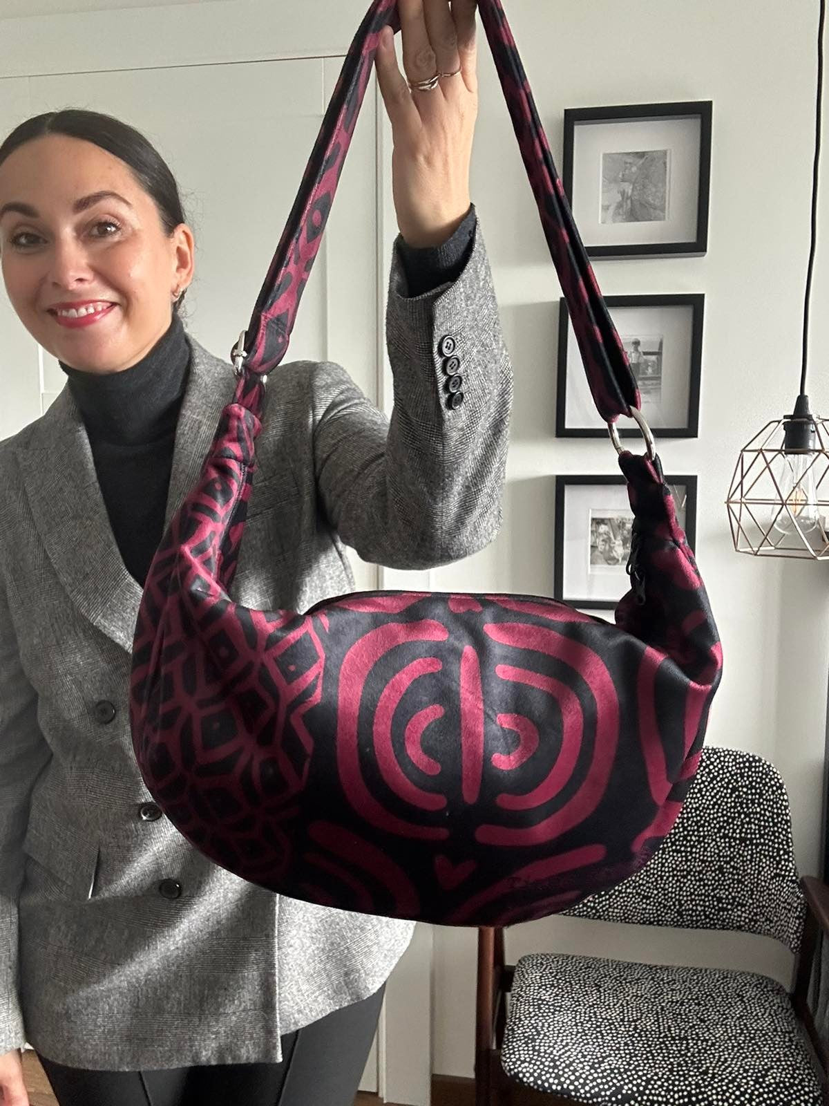 elegant burgundy velour hobo bag with refined garbanota lining and interior pockets