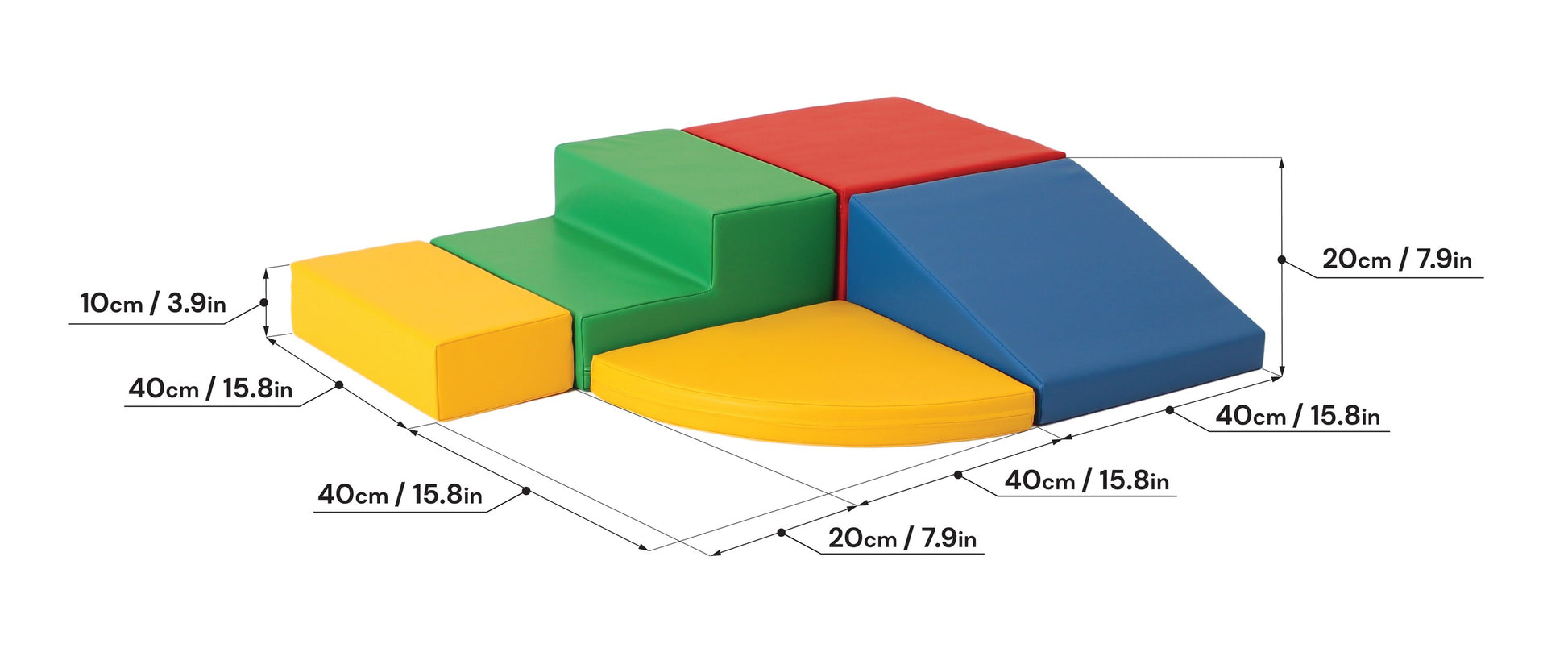 a toddler's hand reaching for the top of a vibrant multicolor foam corner climber block