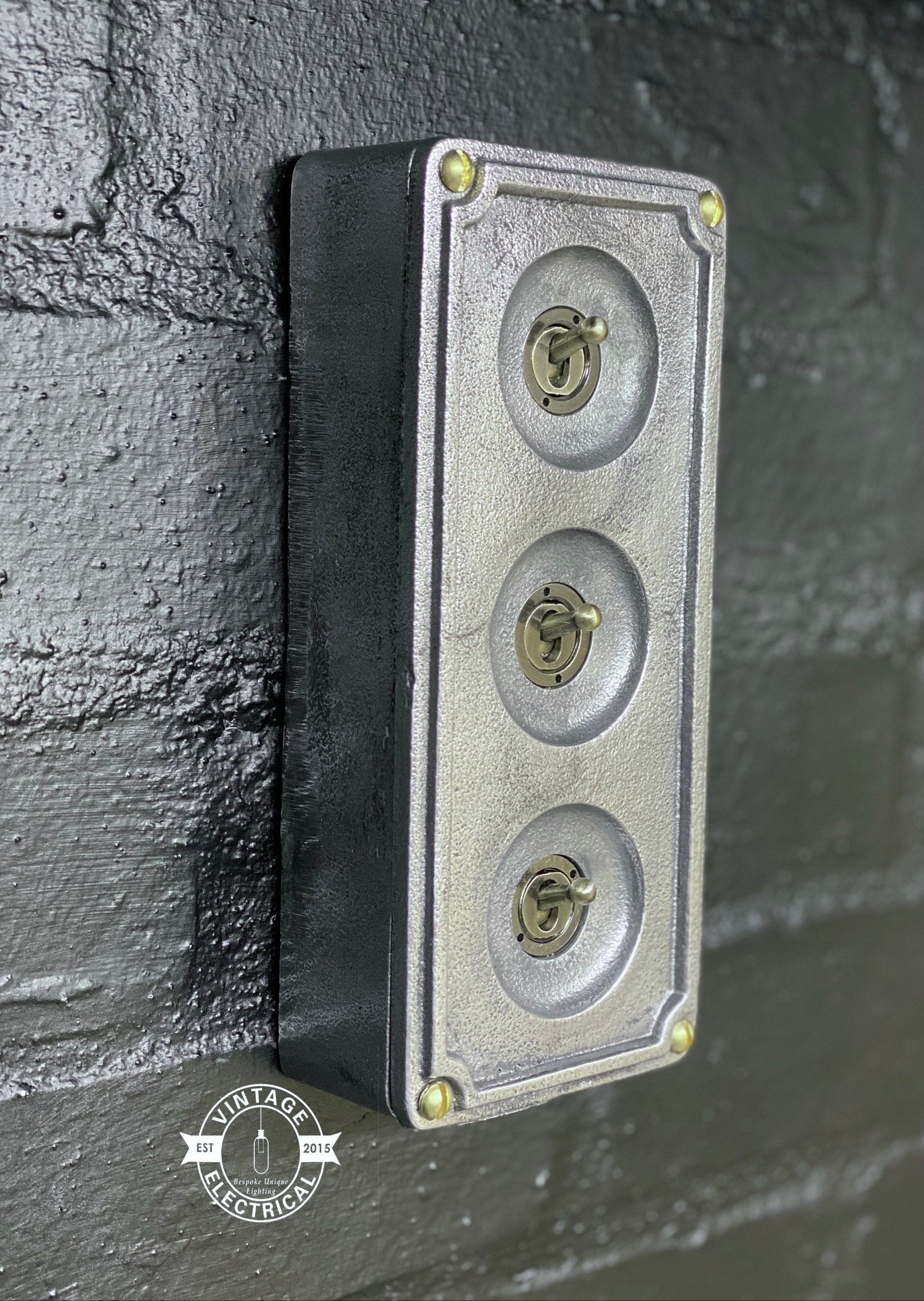 3 Gang 2 Way Solid Cast Metal Surface Mounting Conduit Light Switch Industrial - BS EN Approved Vintage 1950’s Britmac Style