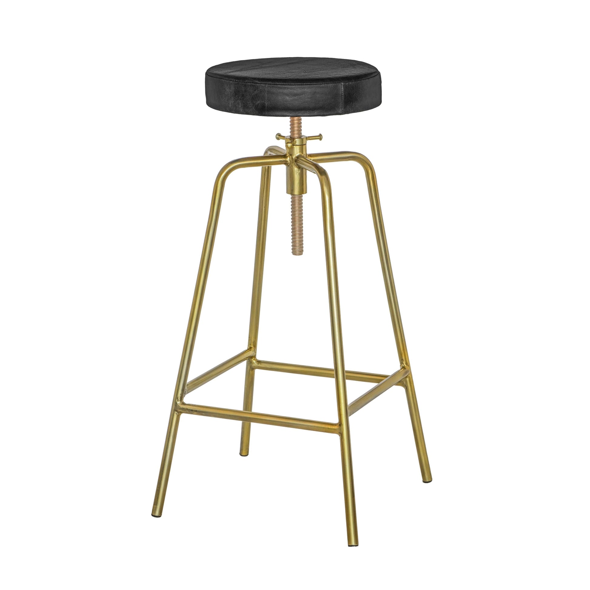 Patinated Brass Industrial Leather Bar Stool | Vintage Style | Solid Cast Metal | Floor Standing