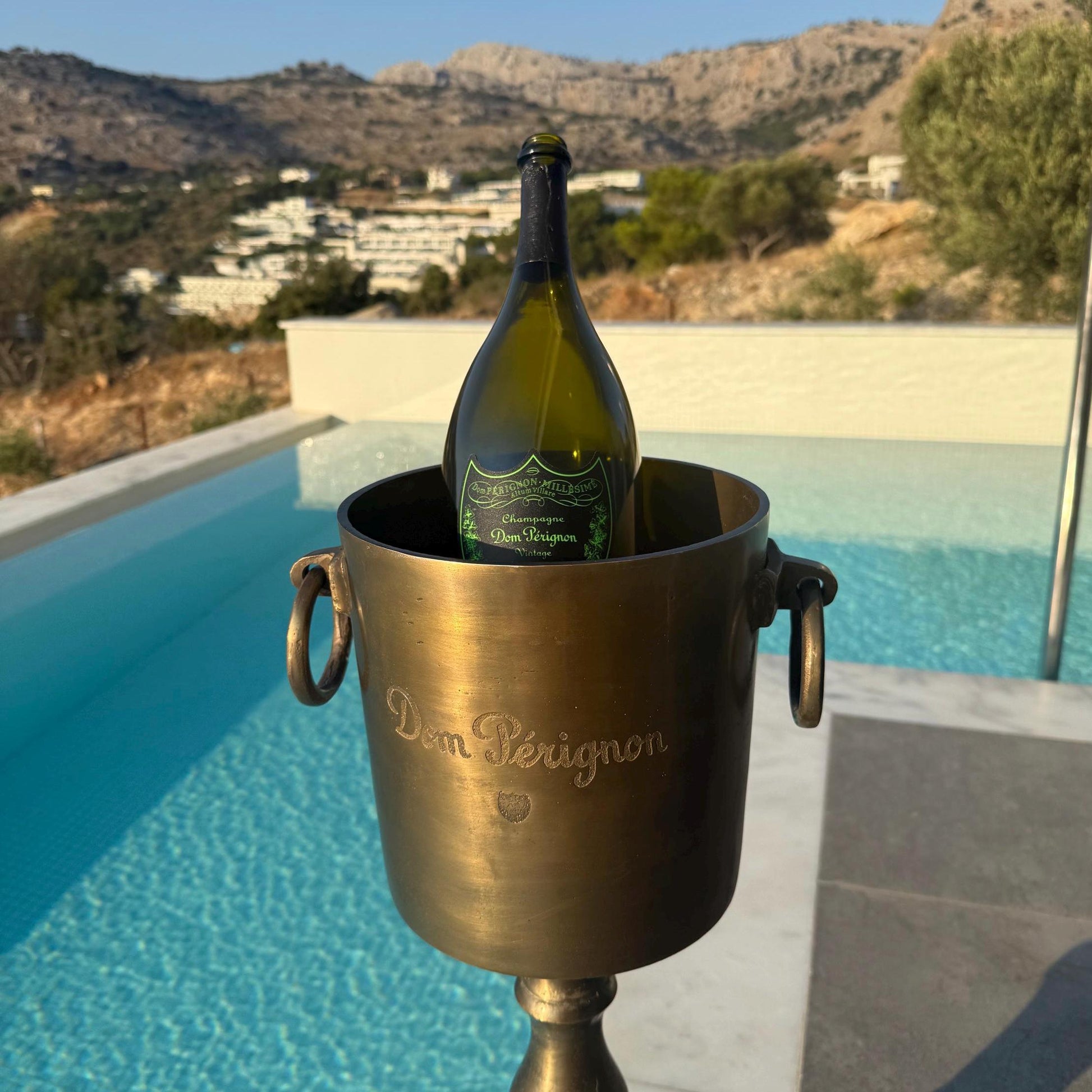Dom Perignon Antique Brass ~ Solid Cast Engraved Champagne Floor Standing Ice Bucket | Wine Cooler