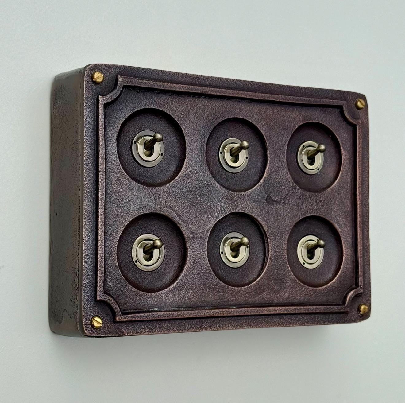 6 Gang 2 Way Antique Copper Solid Cast Metal Conduit Light Switch Industrial - BS EN Vintage Crabtree 1950’s Style