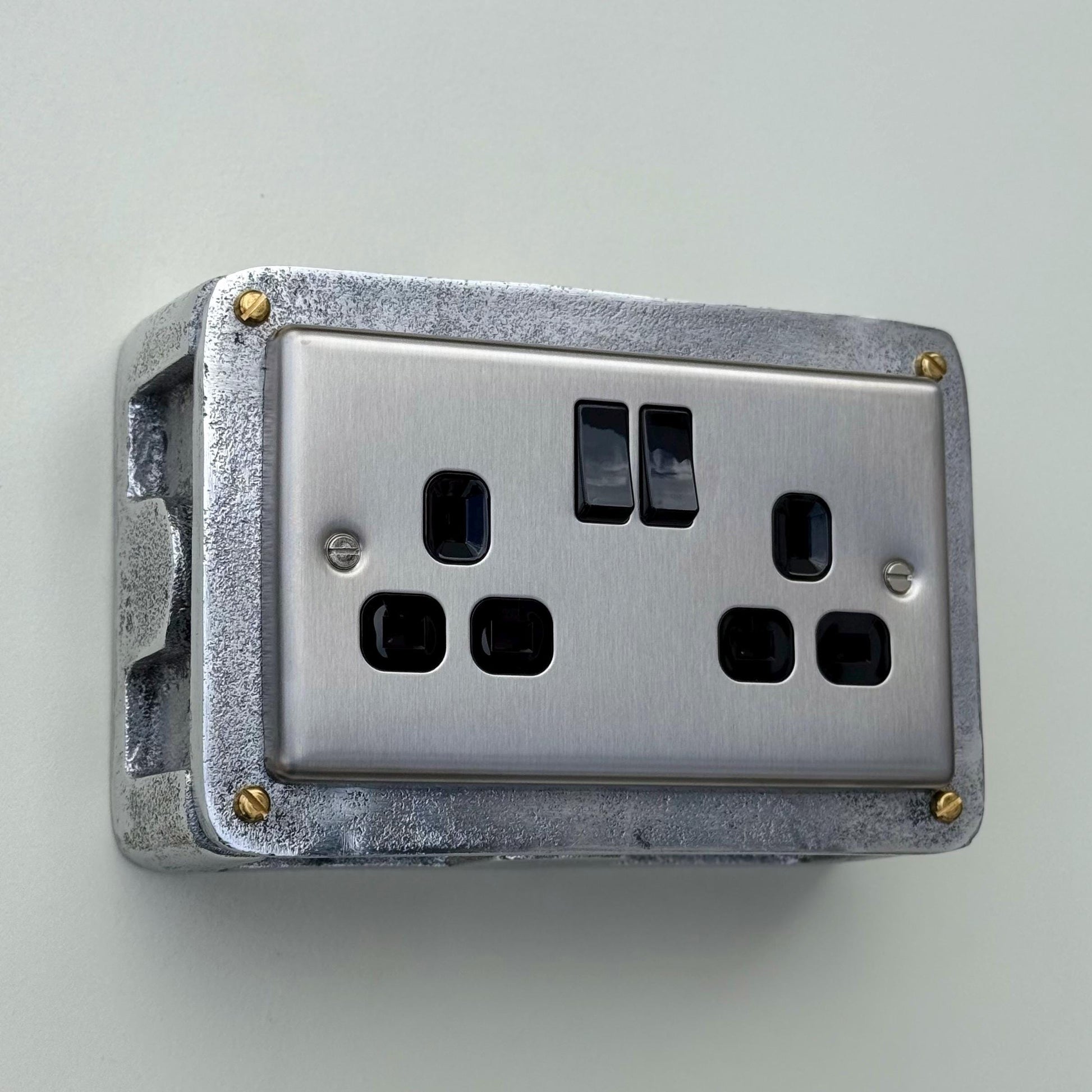 Brushed Steel Double Switched 13A Power Socket 230V 2 Gang 2G Socket Cast Metal Conduit Switch Industrial - BS EN Approved Vintage