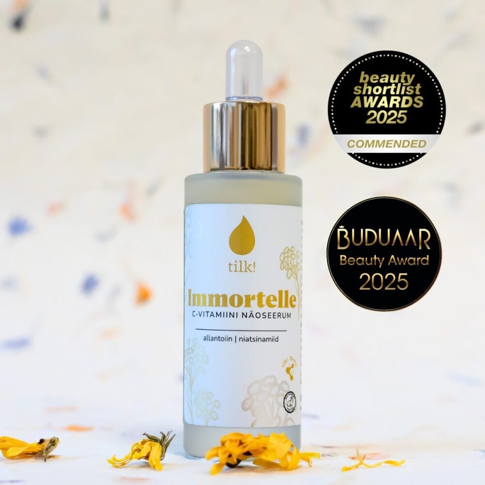 bold golden immortelle face serum with vitamin c glowing in sunlight, evoking radiant skin confidence