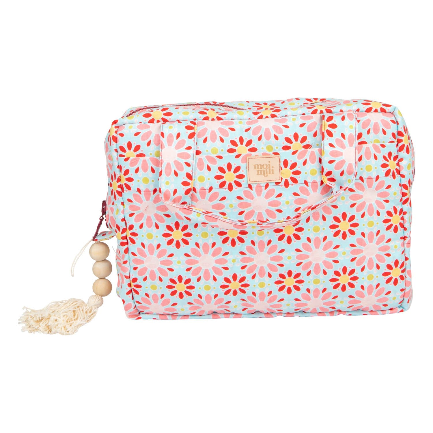 elegant red floral makeup bag with waterproof lining, open to reveal inner pockets, perfect for travel or daily use