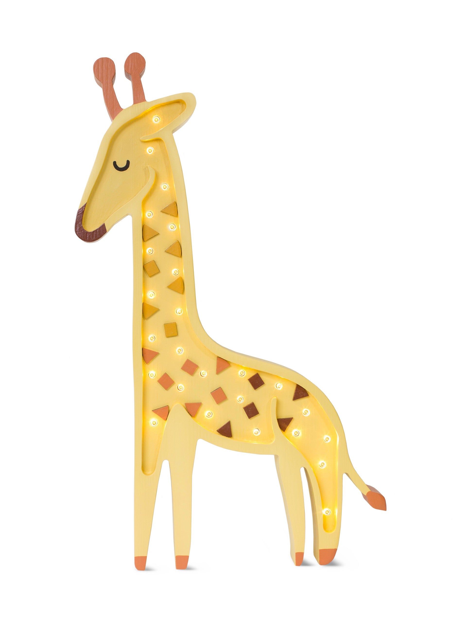 bold giraffe lamp casting a warm glow on a rustic pinewood shelf