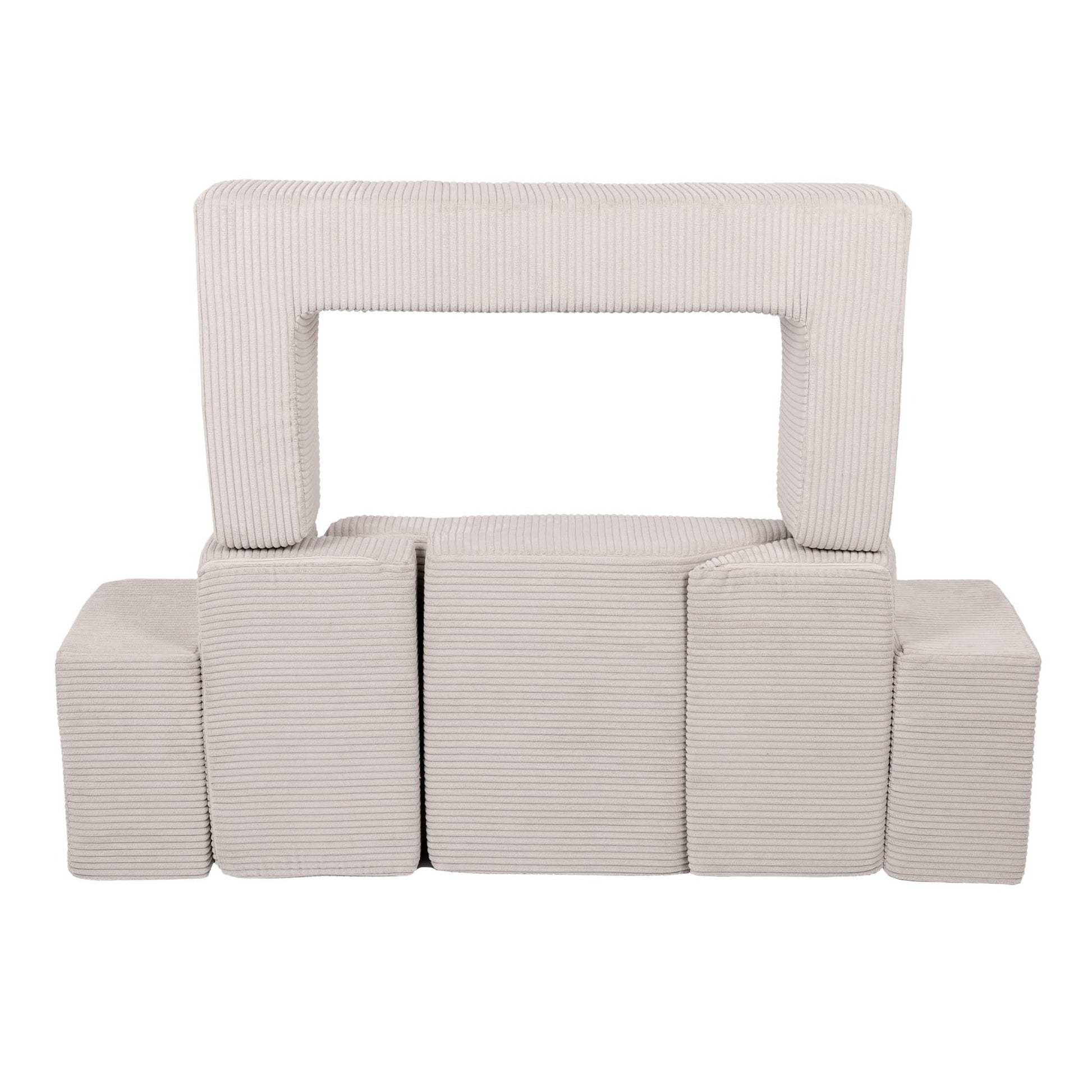 ecru modular play sofa pieces arranged in a practical l-shaped configuration for daily use