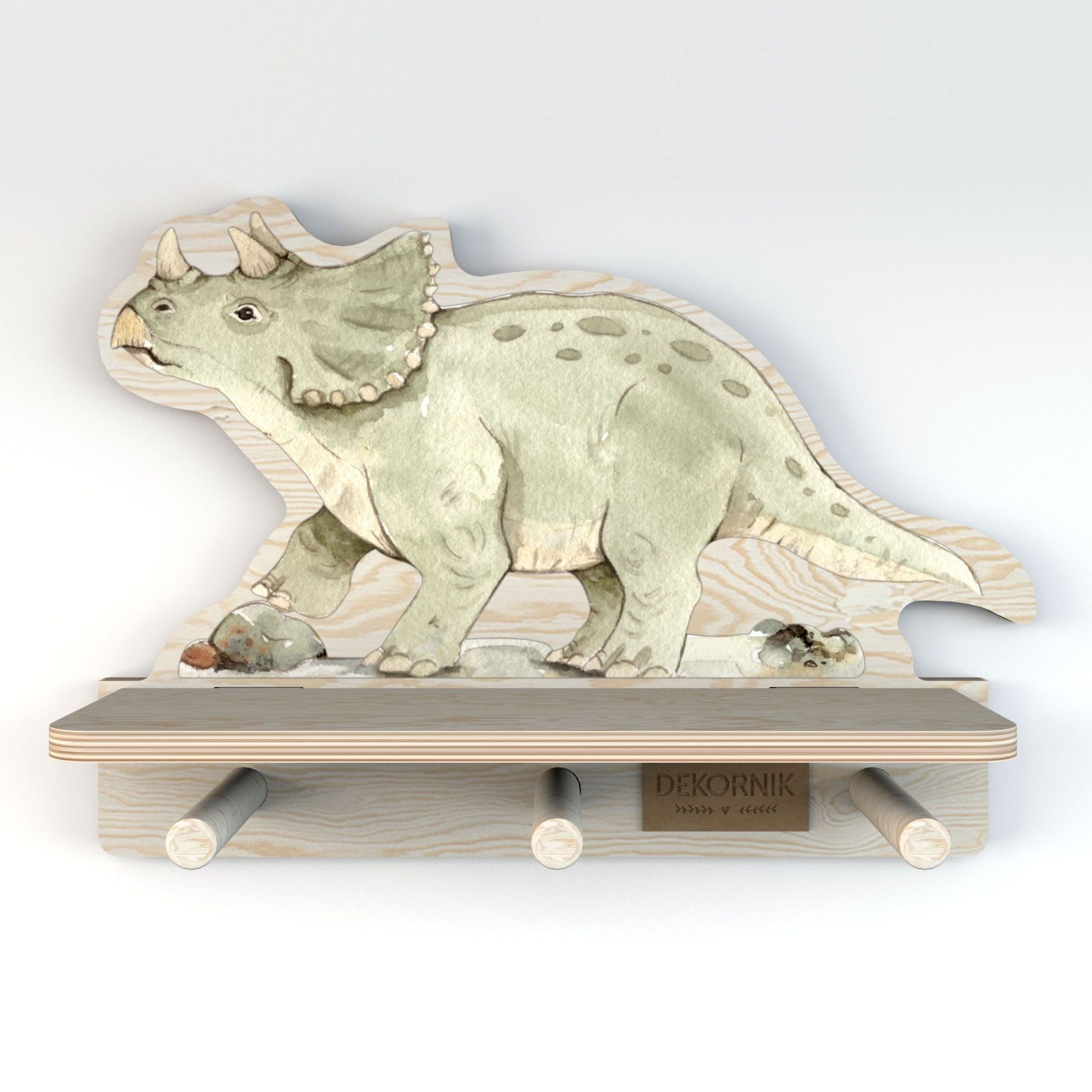 playful dinosaur wall shelf in a bright kids room with toys on the pegs