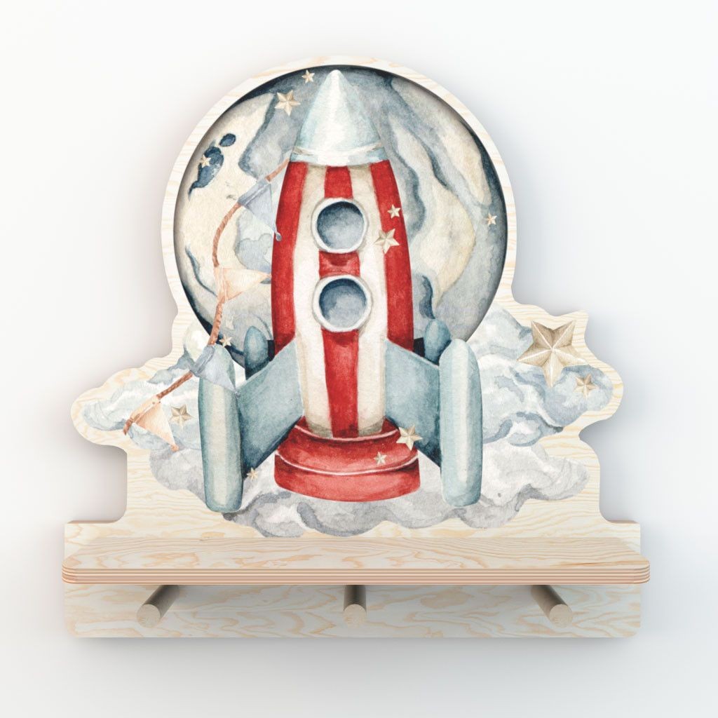 elegant polished plywood rocketship shelf with a colorful dinosaur, displayed in a refined modern interior