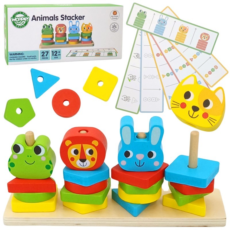 artisan wooden animal puzzle pyramid with colorful blocks on a natural playmat
