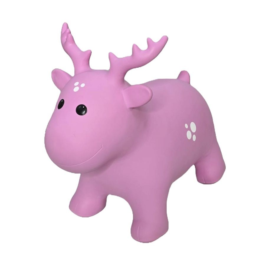 a soft pink moose hopper toy sitting gently on a cozy nursery rug