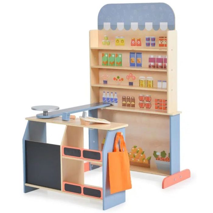 playful wooden supermarket playset with a kid writing a special on the chalkboard