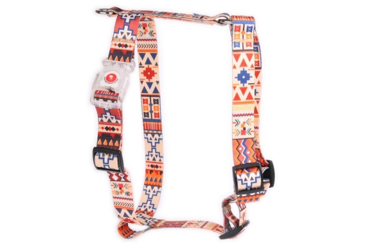 boho nylon dog harness in a functional side view showing the quick-release buckle and durable webbing