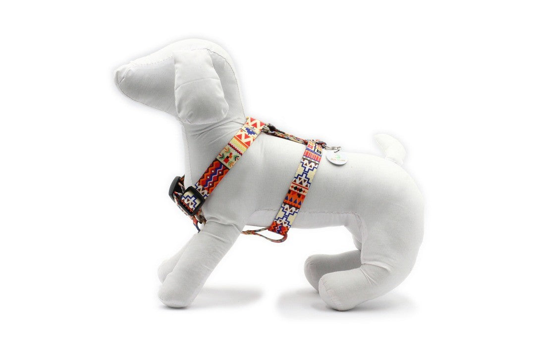 playful dog modeling a boho nylon harness in a sunny park setting