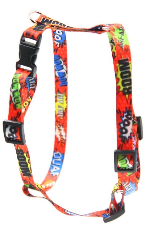 functional red graffiti dog harness with adjustable straps and nickel-plated fittings for a secure fit