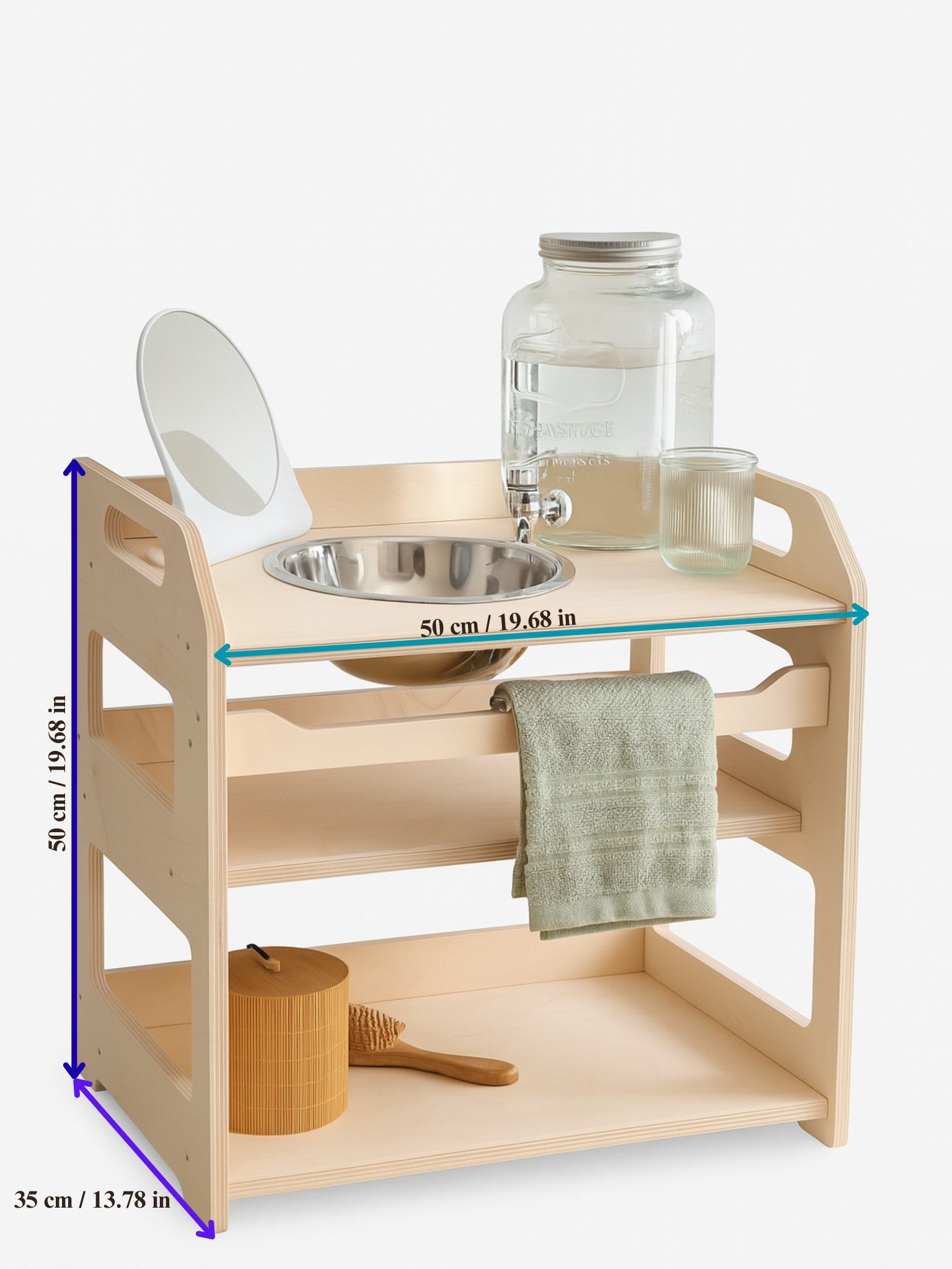 a child using the wooden washbasin in a softly lit room, focused on washing their hands