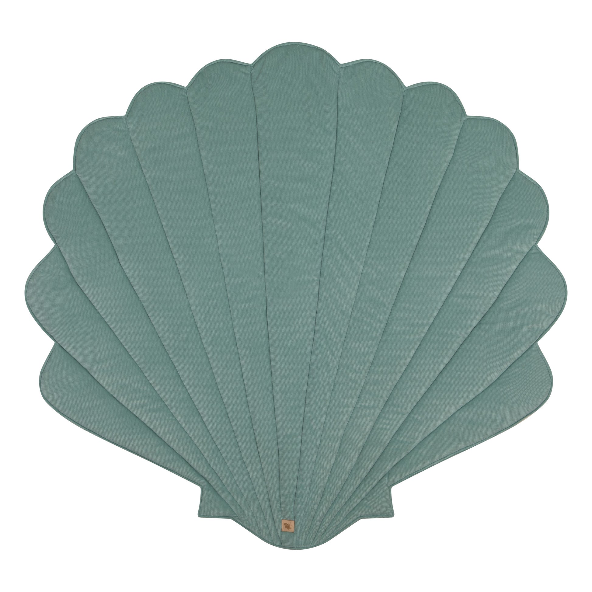 a playful mint ginkgo leaf playmat with a toddler giggling on its soft velvet surface
