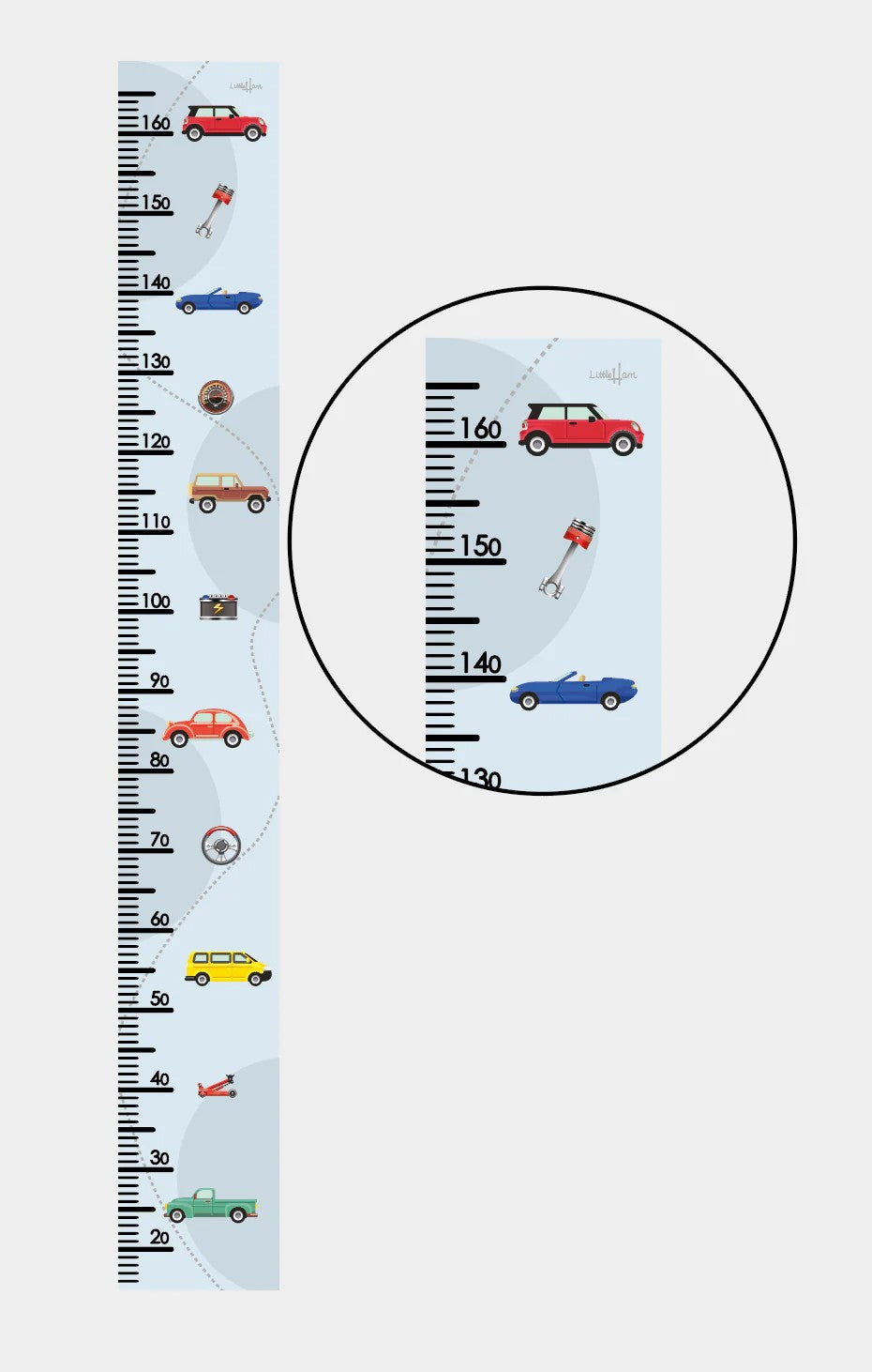 softly lit retro car growth chart on a nursery wall at a gentle angle