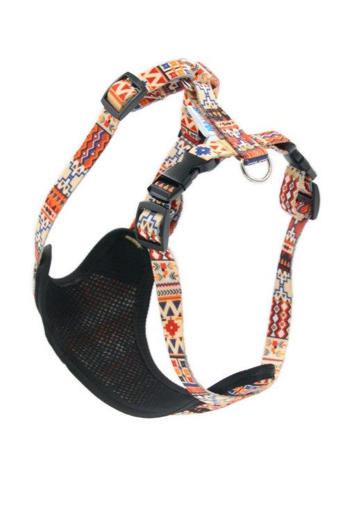 soft boho dog harness with reflective trim in gentle morning light