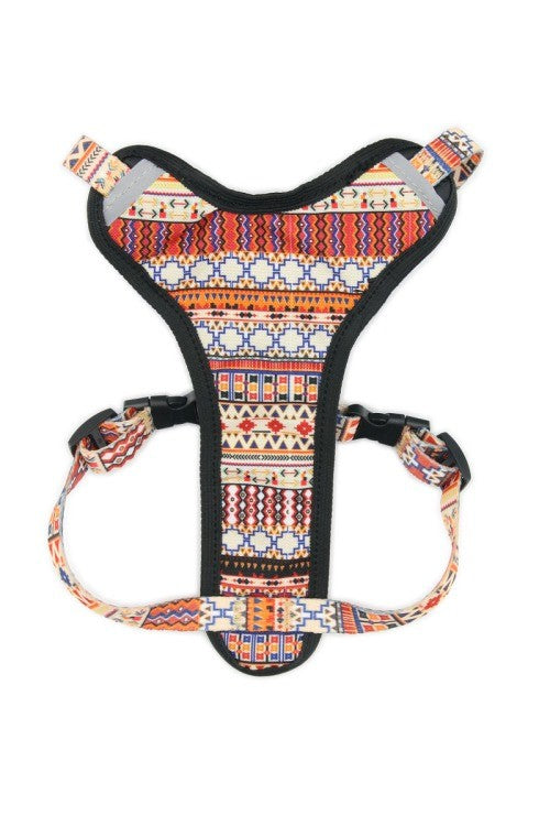 elegant boho dog harness with reflective trim in soft morning light