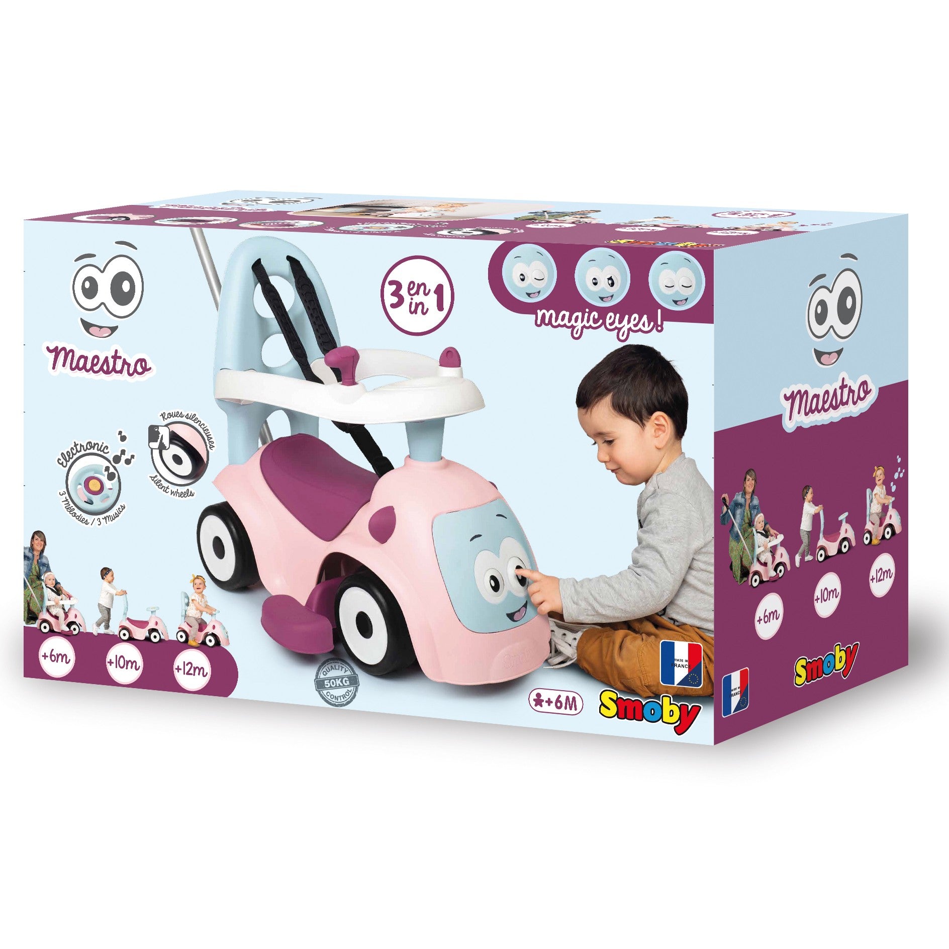 elegant pink maestro 3in1 ride-on with soft morning light highlighting its sleek design and hidden storage