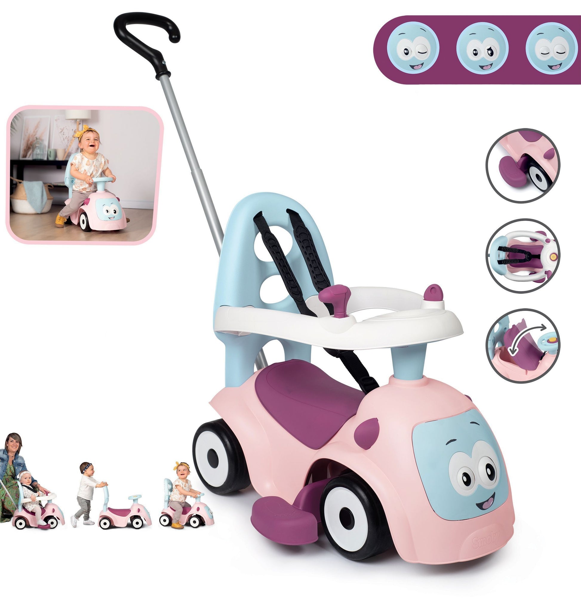 pink smoby maestro 3in1 ride-on with storage compartment open showing practical toy storage
