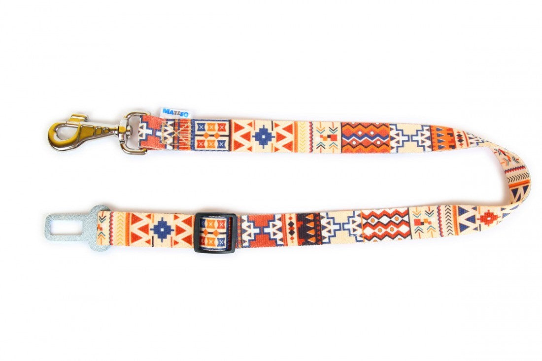 a playful dog peeking from the car seat, secured by a stylish boho safety belt harness