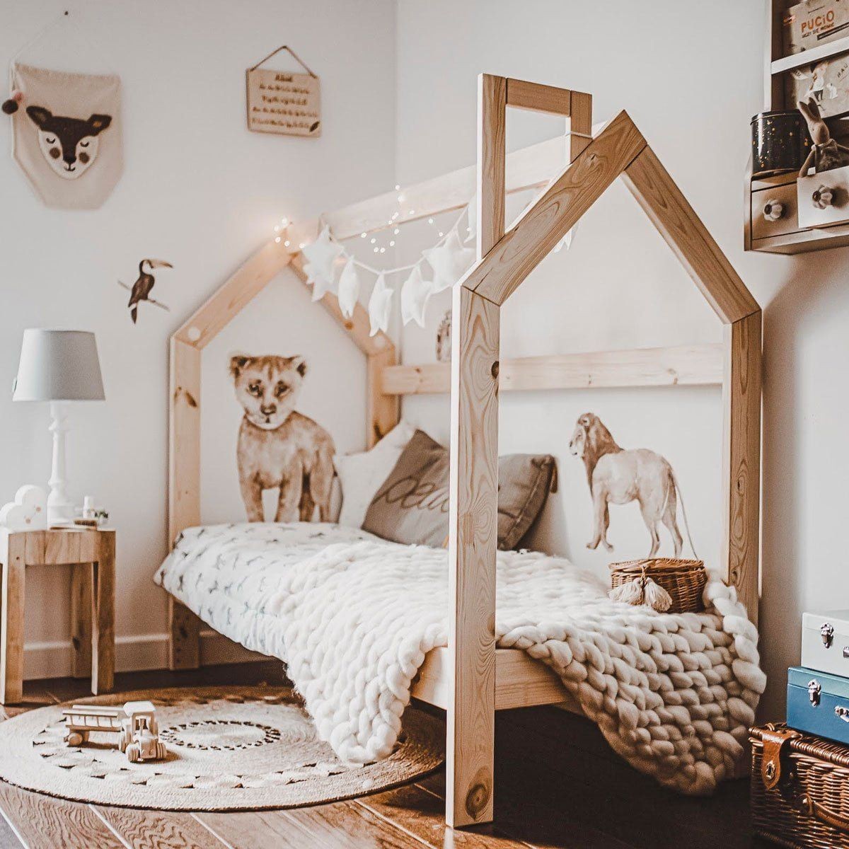 elegant savanna wonderland wall sticker set with a lion and cub in soft botanical pastels