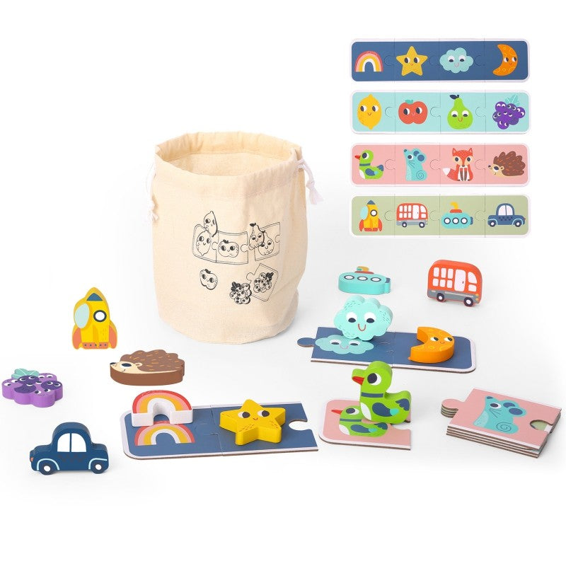 sustainable green wooden memory puzzle box open on table showing fsc-certified pieces and cards