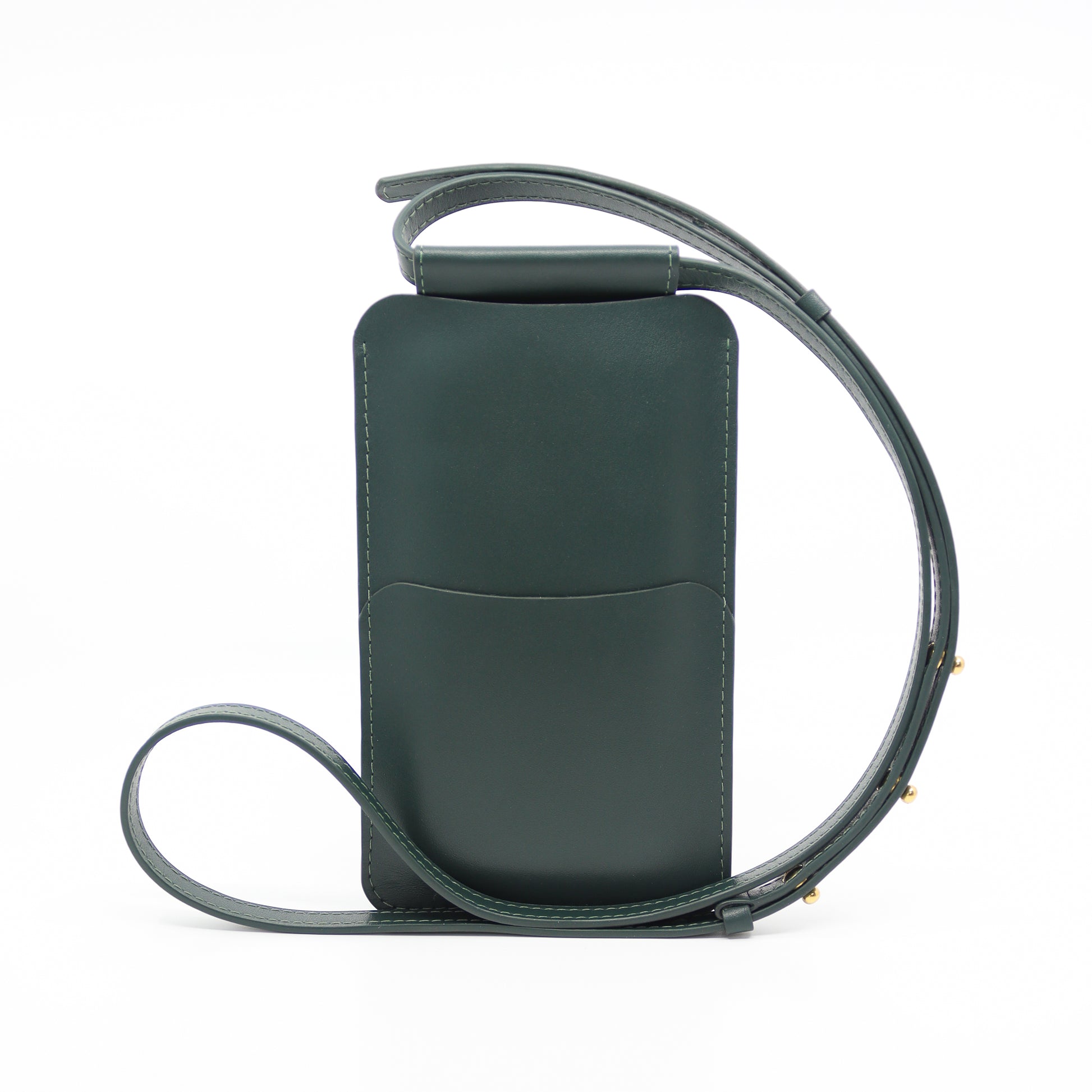 forest green leather crossbody phone bag with a long adjustable strap and elegant silver buckle