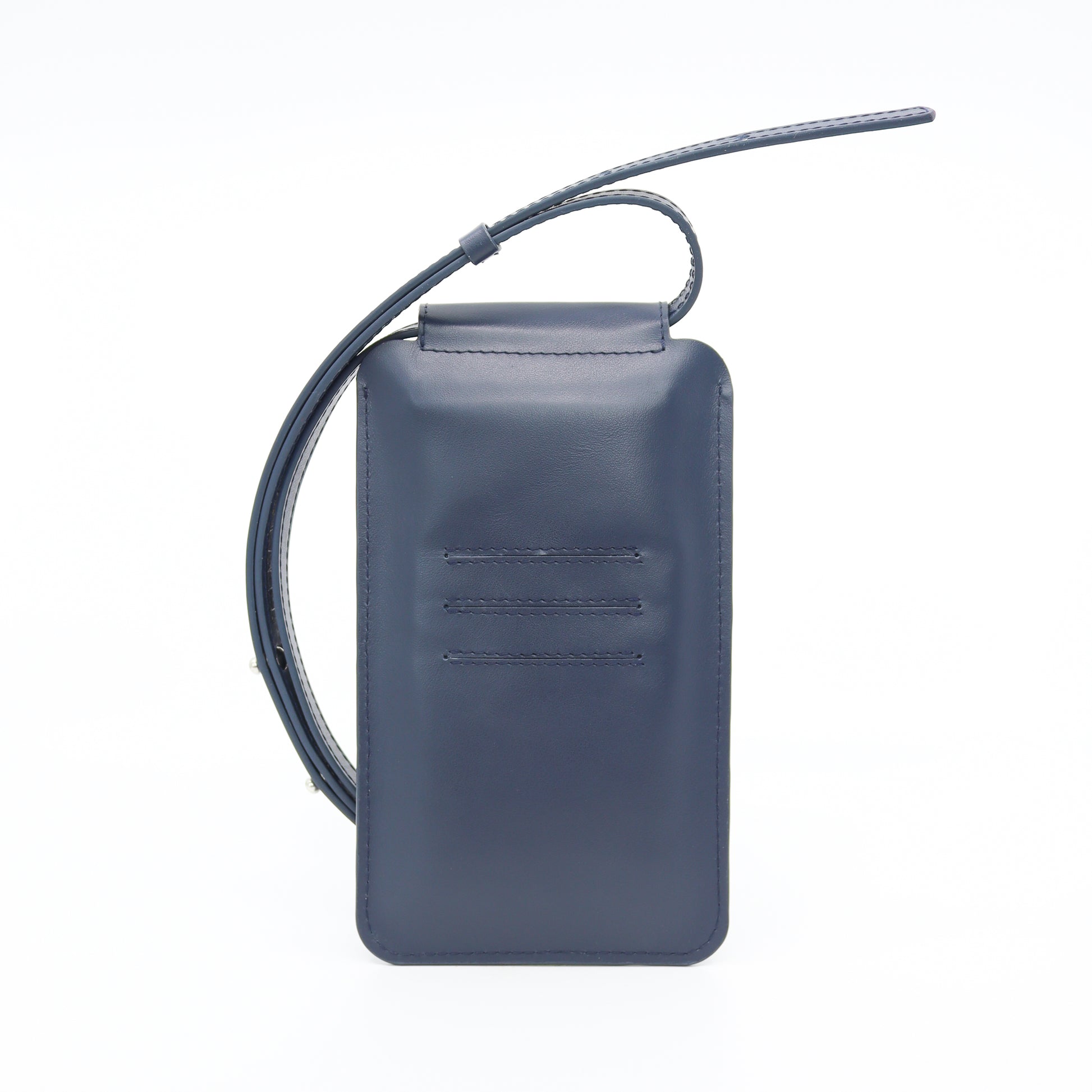 soft navy leather phone bag with a comforting crossbody strap in natural light