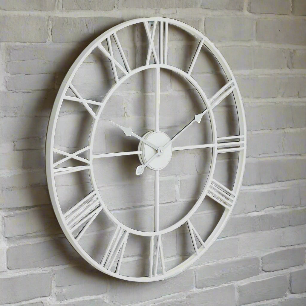 Large white skeleton wall clock with exposed mechanics, 70cm diameter, modern metal design for home decor by sostter at brixbailey.com