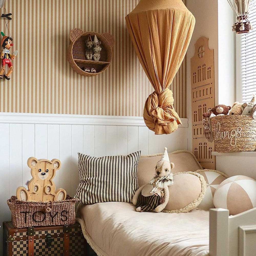 playful beige and brown vintage stripe wallpaper in a bright, sunlit kids room