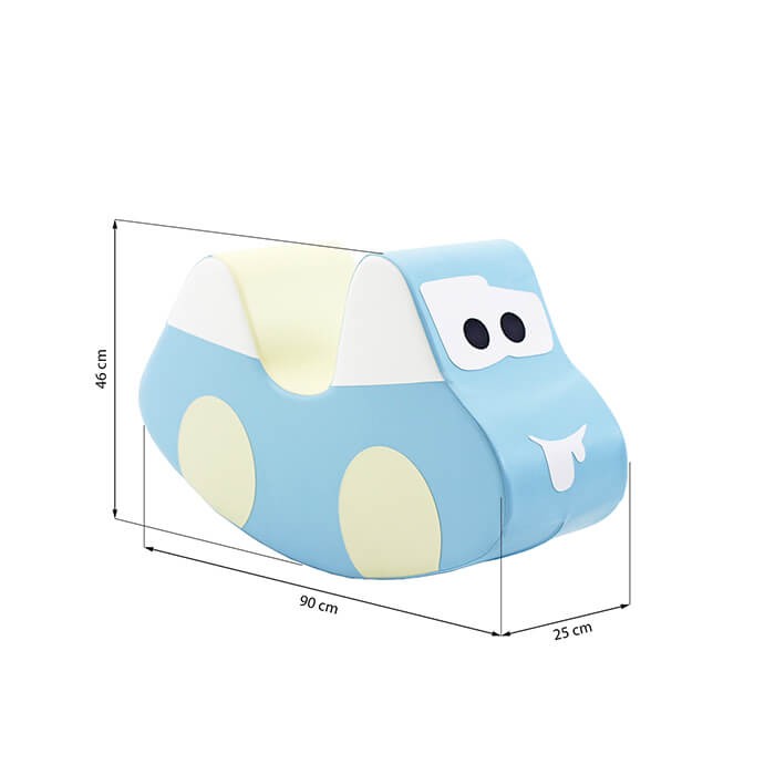 light blue soft play car in a bright playroom, showcasing its durable foam construction and easy-to-clean surface