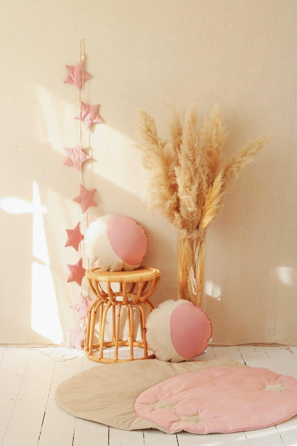 elegant soft pink velvet star garland with wooden beads on a refined cotton string
