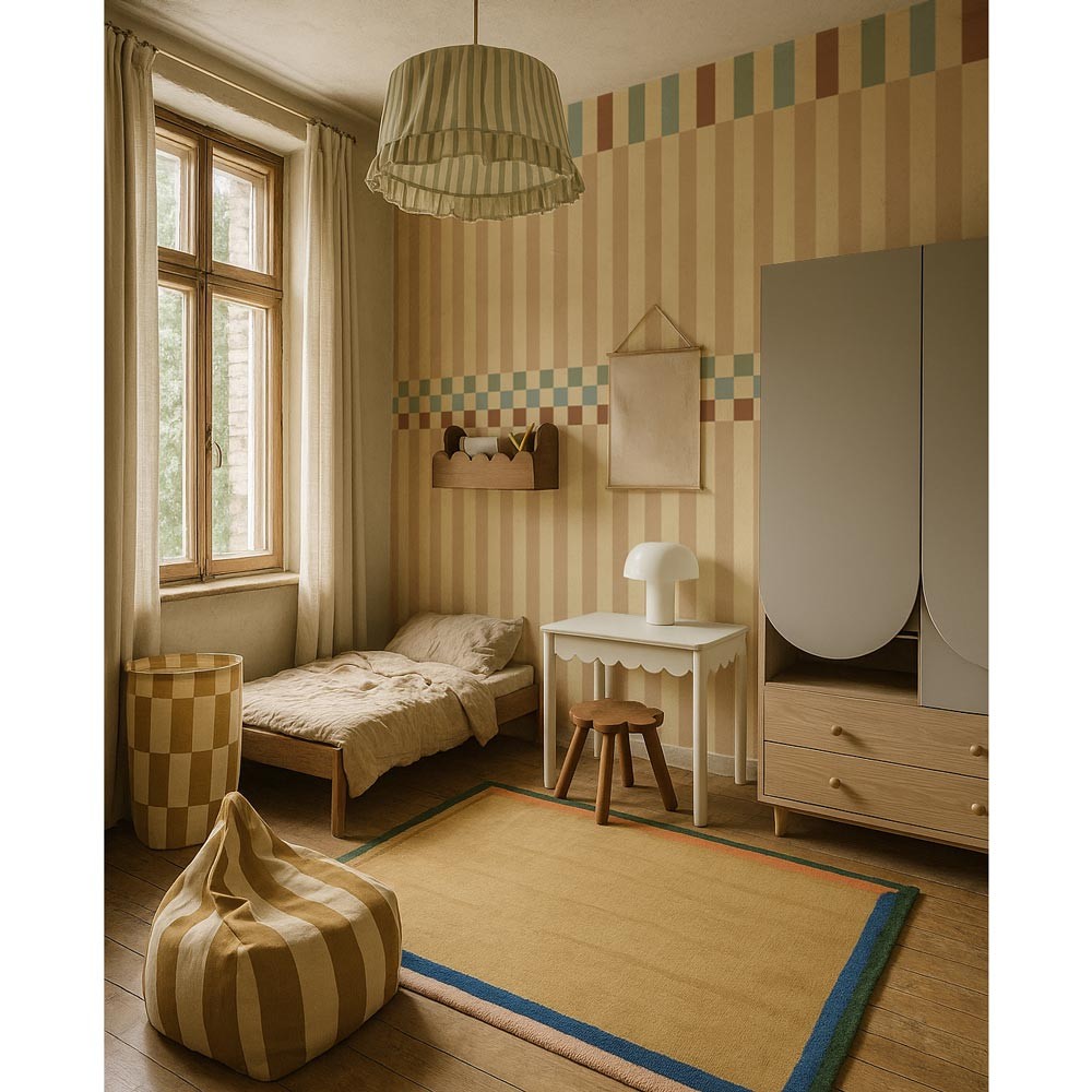 playful vintage stripe wallpaper in a sunlit kids room with whimsical wave pattern